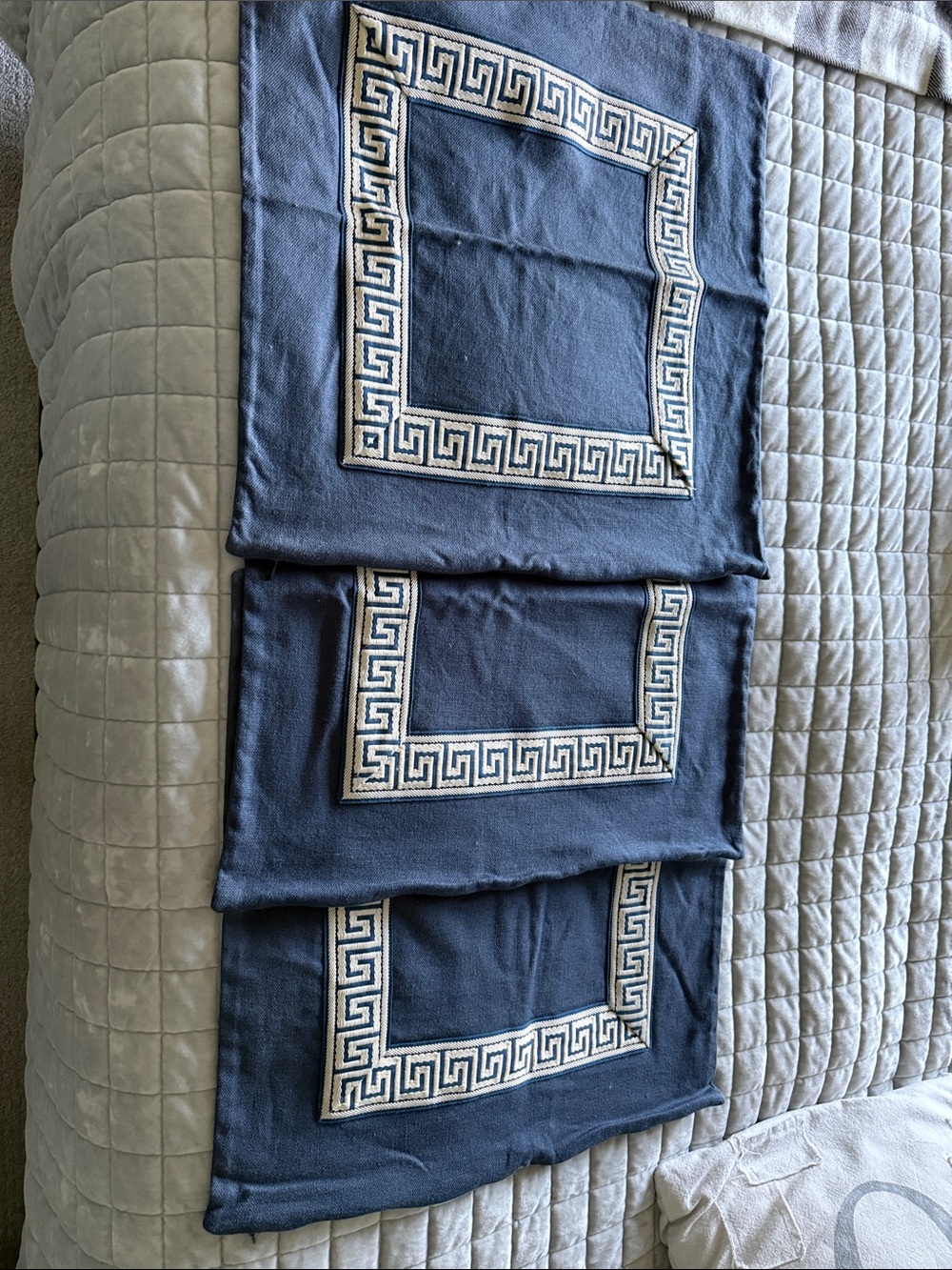 Navy Blue Decorative Pillow Shams with Greek Key Trim (Set of 3) 22”x22”